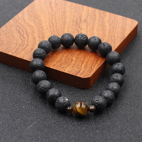 Men Beaded Bracelet Handmade Natural Lava Stone Hematite Lucky Beads Bracelet Retro Minimalist Alloy Charm Wristband Jewelry For Men