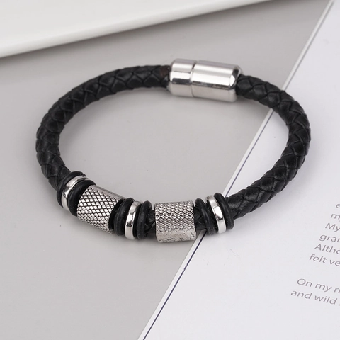 Men Braided Leather Bracelet Alloy Magnetic Clasp Geometric Metal Decorative Rings Punk Casual Wristband Jewelry For Men Gift