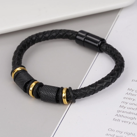 Men Braided Leather Bracelet Alloy Magnetic Clasp Geometric Metal Decorative Rings Punk Casual Wristband Jewelry For Men Gift