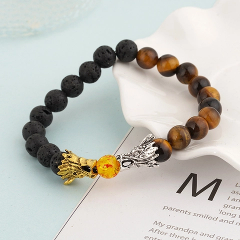 Handmade Natural Lava Stone Tiger Eye Beaded Bracelet Alloy Double Dragon Head Playing Artificial Pearl Bracelet For Men Jewelry Gift