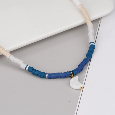 Bohemian Silicone Beaded Choker Necklace For Women Mother Of Pearl Shell Moon Pendant Beach Vacation Fashion Jewelry