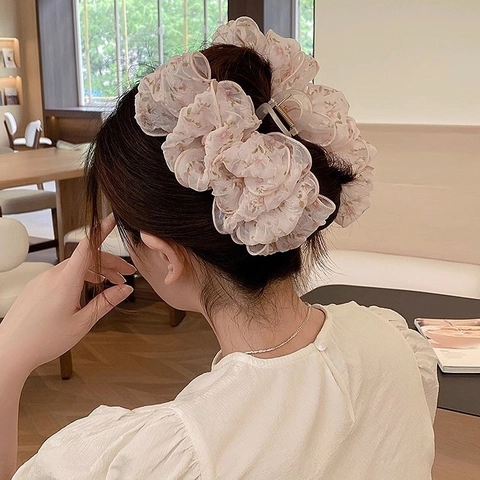 Pinza para el Cabello con Lazo de Gasa Floral Fruncido Clip de Tiburón de Tela Grande para Mujer Accesorios Elegantes
