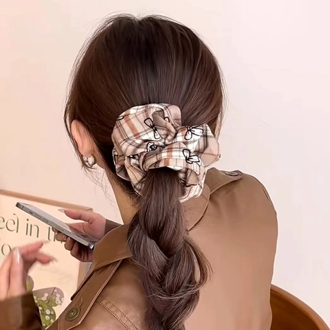 Coleteros de Cuadros Vintage Francés con Lazo Tela Elástico Grande para el Pelo Estilo Preppy Soporte Coleta Mujer