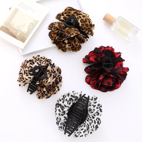 Vintage Luipaard Bloemen Haarklem Grote Satijnen Bloem Haarpeld Voor Vrouwen Mode Elegant Dagelijks Haaraccessoires