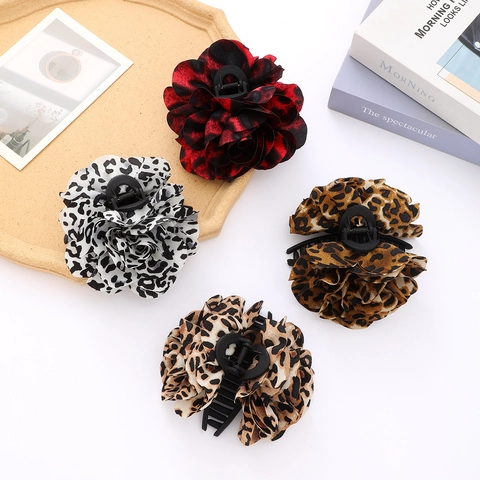 Vintage Luipaard Bloemen Haarklem Grote Satijnen Bloem Haarpeld Voor Vrouwen Mode Elegant Dagelijks Haaraccessoires