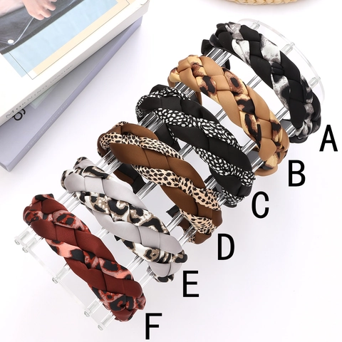 Diadema Trenzada Ancha Vintage para Mujer Banda de Pelo de Tela con Estampado de Leopardo y Dientes Antideslizantes