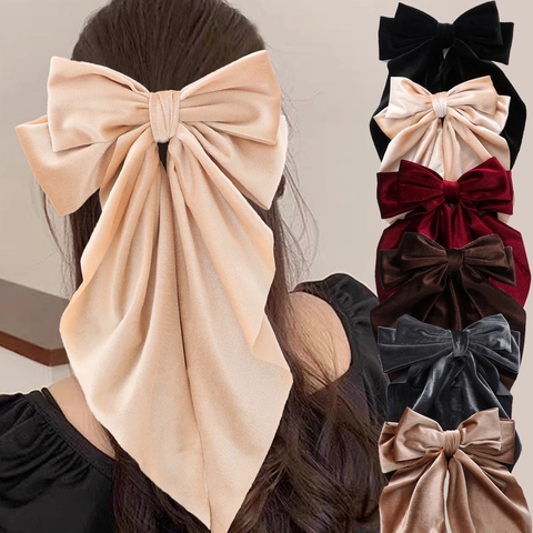 Elegante Pinza para el Pelo con Lazo de Terciopelo y Cinta Larga Clip de Resorte Retro Francés para Mujer Color Sólido