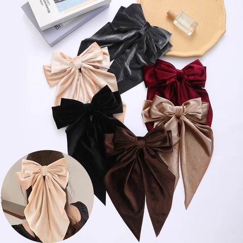 Elegante Pinza para el Pelo con Lazo de Terciopelo y Cinta Larga Clip de Resorte Retro Francés para Mujer Color Sólido