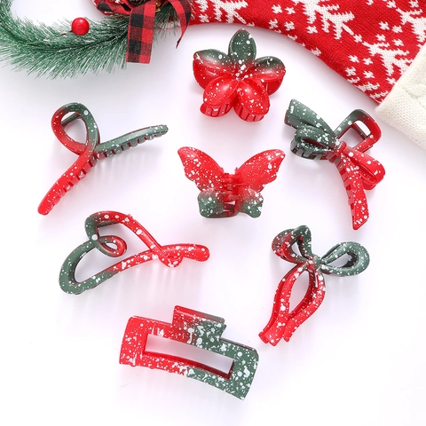 Pinces à Cheveux de Noël Dégradé Rouge Vert Motif Flocon de Neige Papillon Nœud Fleur Pinces à Cheveux Accessoires de Fête