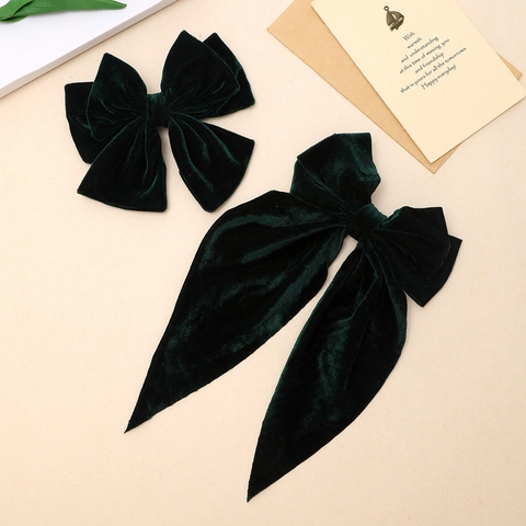 Large Velvet Bow Hair Clip For Women Vintage Solid Dark Green French Style Ribbon Bowknot Spring Clip Handmade Hair Accessories