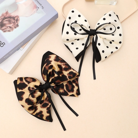 Pinza para el Pelo Con Lazo de Tela de Satén Vintage Con Cintas Largas Estampado de Leopardo Lunares Soporte para Coleta