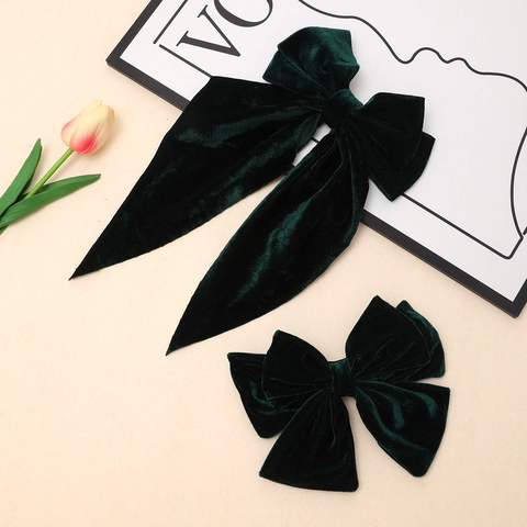 Large Velvet Bow Hair Clip For Women Vintage Solid Dark Green French Style Ribbon Bowknot Spring Clip Handmade Hair Accessories