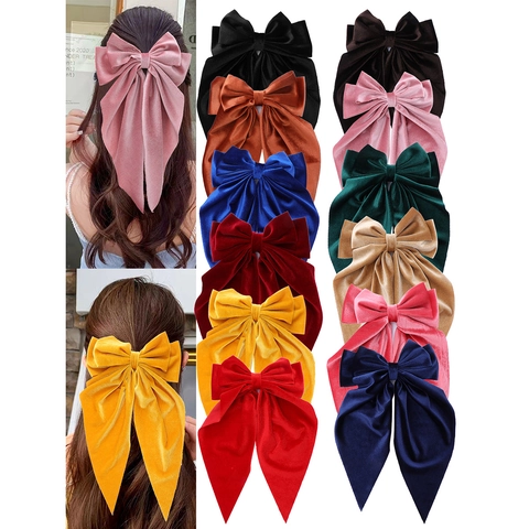 Large Velvet Bow Hair Clip with Long Streamers Vintage Solid Color Spring Clip Elegant Hair Accessory for Women Party