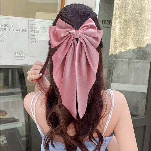 Large Velvet Bow Hair Clip with Long Streamers Vintage Solid Color Spring Clip Elegant Hair Accessory for Women Party