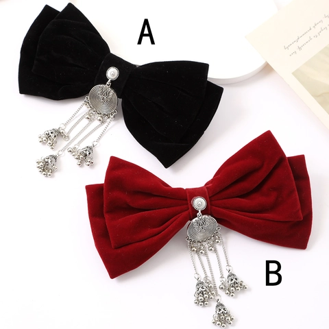 Vintage Velvet Bow Hair Clip With Silver Bells Tassel For Women New Chinese Style Bride Wedding Hair Accessory Elegant Large Ribbon Clip