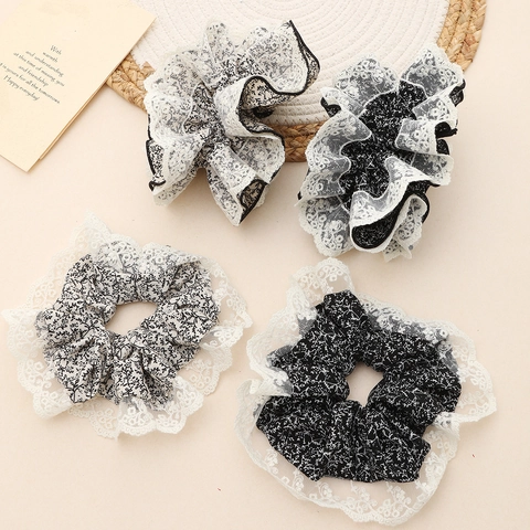 Coleteros Grandes de Encaje Floral Vintage Estilo Francés Lazos Elásticos para el Cabello de Tela Blanco y Negro Accesorios Mujer