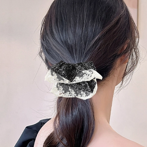 Coleteros Grandes de Encaje Floral Vintage Estilo Francés Lazos Elásticos para el Cabello de Tela Blanco y Negro Accesorios Mujer