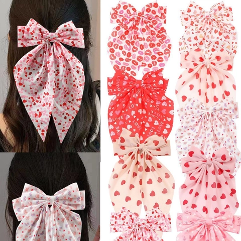 Valentine's Day Ribbon Bow Hair Clip For Women Heart Lip Print Large Spring Clip Sweet Fashion Hair Accessories