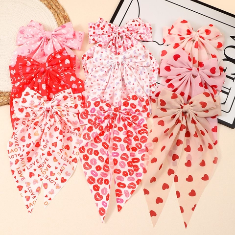 Valentine's Day Ribbon Bow Hair Clip For Women Heart Lip Print Large Spring Clip Sweet Fashion Hair Accessories