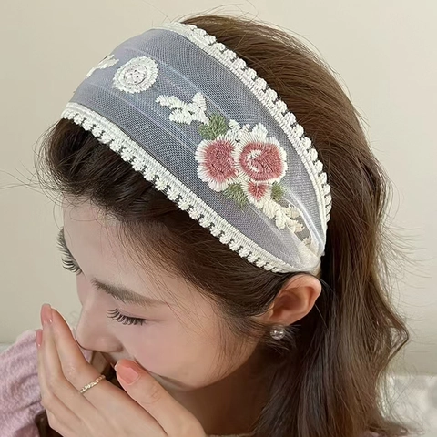 Cerchietto in Pizzo Ricamato con Fiori per Donna Fascia Larga in Tulle Floreale Stile Vintage Fatta a Mano Accessori Capelli