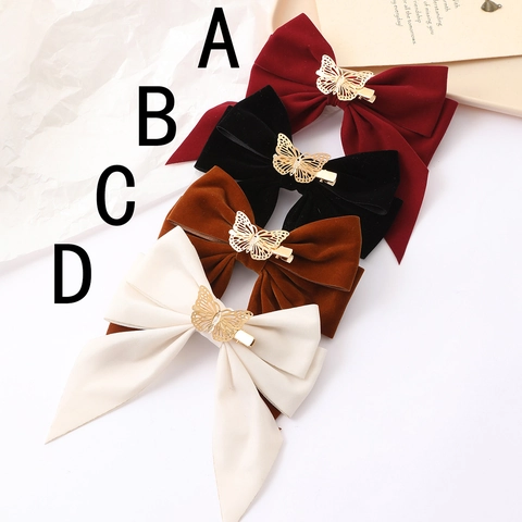 Vintage Velvet Bow Hair Clip With Rhinestone Butterfly Alloy Ornament Elegant Large Spring Clip Hairpin For Women Daily Party