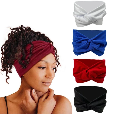 Women Twist Knot Wide Hairband Elastic Polyester Knit Headband Solid Color Sport Yoga Makeup Hair Accessories Vintage Style