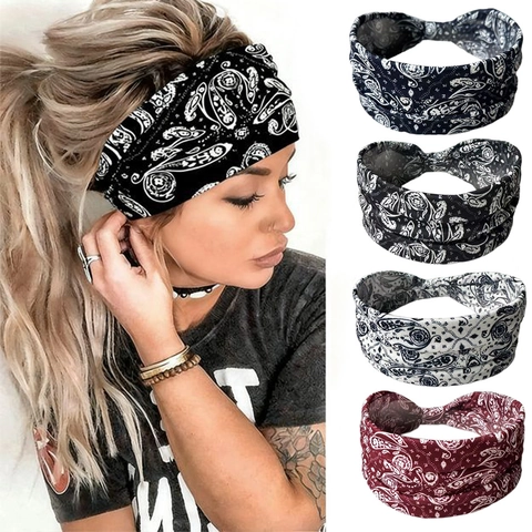 Bohemian Paisley Print Headband Elastic Polyester Fabric Yoga Sport Sweat Absorbent Hair Band Vintage Twisted Turban For Women