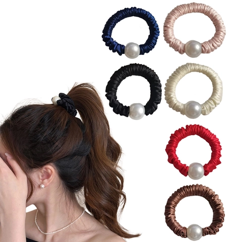 Elegante Coletero de Satén Plisado con Perla Artificial para Mujer Estilo Coreano Simple Elástico para el Pelo Accesorio para el Cabello