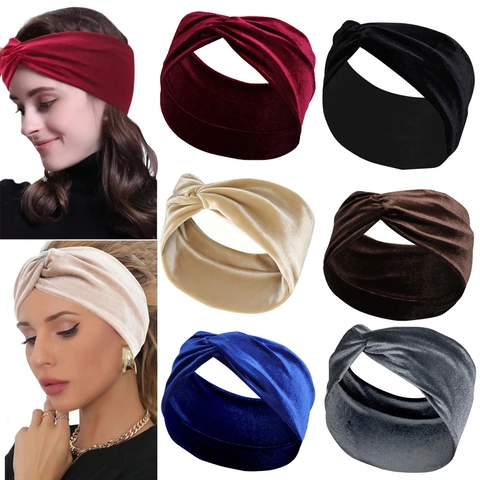 Vintage Velvet Twist Knot Headband For Women Solid Color Elastic Wide Fabric Hair Band Retro Makeup Headwrap Accessory