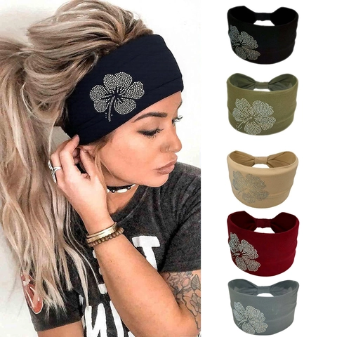Damen Breites Elastisches Stirnband Mit Strass Kleeblatt Blumenmuster Weicher Atmungsaktiver Stoff Haarband Für Yoga Workout Alltag