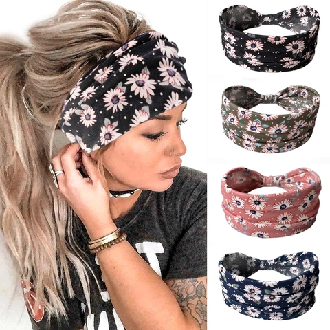 Daisy Floral Print Yoga Sport Headband Wide Sweatband Non-Slip Knotted Turban Hair Band For Women Daily Workout Accessory