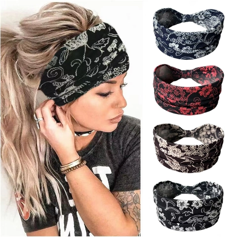 Diadema Ancha con Estampado Floral Bohemio para Mujer Elástica Antideslizante para Yoga Deportes Accesorios para Cabello Nudo Vintage