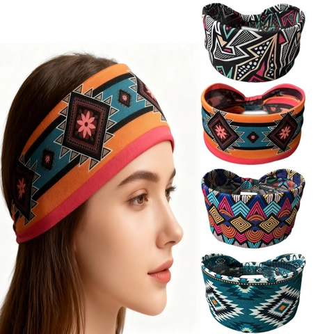 Bohemian Elastic Knotted Headband For Women Polyester Ethnic Printed Yoga Sweatband Non-Slip Fashion Hair Band Headwear