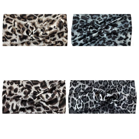 Diadema con Nudo y Estampado de Leopardo para Mujer Poliéster Ancha Cruzada Elástica Yoga Deportes Banda para el Pelo Absorbente de Sudor Tocado