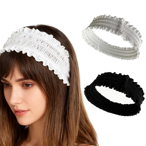 Diadema Ancha Plisada Vintage Francesa Elástica Poliéster Borde Volantes Absorbente Sudor Yoga para Mujer Joyería