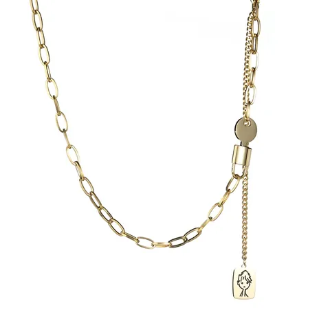 Hip Hop Double Layer Stainless Steel Necklace Women Geometric Square Pendant Lock Key Tassel Portrait Design Jewelry