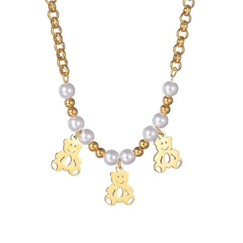 Elegant 18K Gold Plated Stainless Steel Faux Artificial Pearl Necklace With Heart Bear Flower Feather Tassel Charms For Women Jewelry