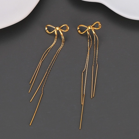 Pendientes de Gota con Lazo y Borla de Acero Inoxidable de Lujo para Mujer Elegantes Bañados en Oro Joyería Larga para Boda Fiesta
