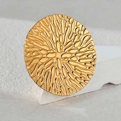 Anello Aperto in Acciaio Inossidabile Vintage Esagerato Grande Disco Rotondo Martellato Anello d'Oro Regolabile per Donna