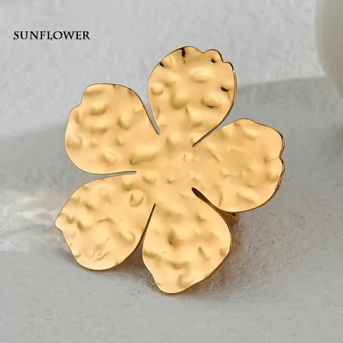 Große Blume Verstellbarer Offener Ring Edelstahl Gehämmert Gold Beschichtet Statement Schmuck Damen Party Bankett Ring