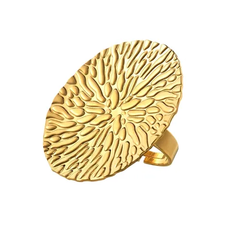 Anello Aperto in Acciaio Inossidabile Vintage Esagerato Grande Disco Rotondo Martellato Anello d'Oro Regolabile per Donna