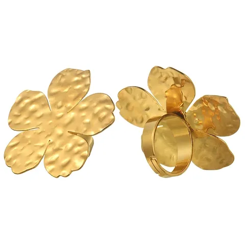 Große Blume Verstellbarer Offener Ring Edelstahl Gehämmert Gold Beschichtet Statement Schmuck Damen Party Bankett Ring