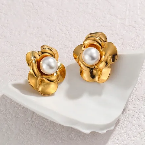 Elegante Vintage Kamelienblüte Edelstahl Ohrringe Vergoldete Künstliche Perle Ohrstecker Für Damen Schmuck