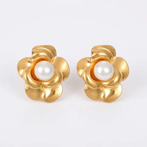 Elegante Vintage Kamelienblüte Edelstahl Ohrringe Vergoldete Künstliche Perle Ohrstecker Für Damen Schmuck