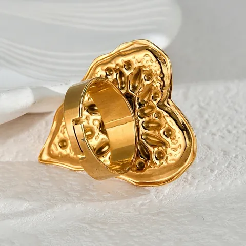 Gold Stainless Steel Hammered Texture Heart Open Ring For Women Vintage French Style Adjustable Statement Finger Ring Jewelry