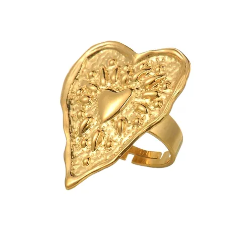 Gold Stainless Steel Hammered Texture Heart Open Ring For Women Vintage French Style Adjustable Statement Finger Ring Jewelry