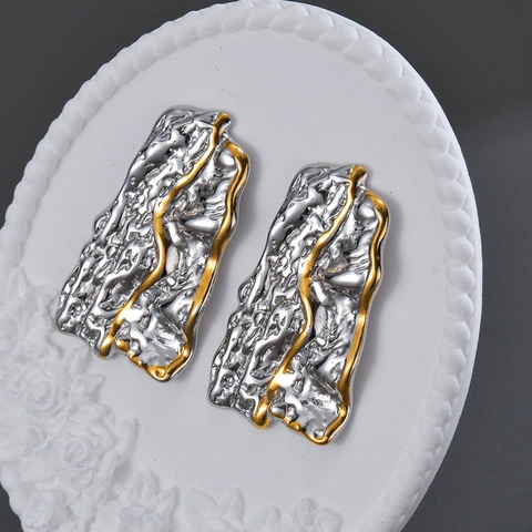 Modern Stainless Steel Geometric Earrings For Women Irregular Wavy Texture Gold Silver Bicolor Electroplated Stud Earrings Jewelry Gift