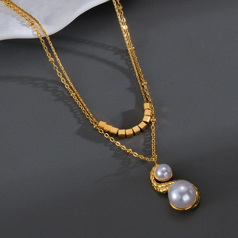Französische Vintage Doppelreihige Halskette Edelstahl Vergoldet Minimalistische Quadratische Block Künstliche Perle Anhänger Damen Schmuck