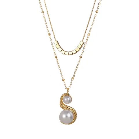 Französische Vintage Doppelreihige Halskette Edelstahl Vergoldet Minimalistische Quadratische Block Künstliche Perle Anhänger Damen Schmuck