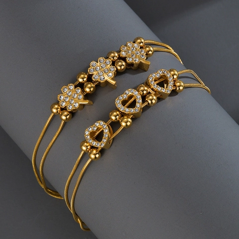 Vintage Edelstahl Zweilagiges Strass Kleeblatt Herz Armband Für Damen Verstellbarer Mode Schmuck Handschmuck